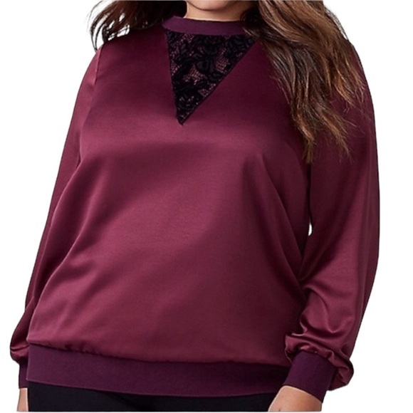 Lane Bryant Maroon Satin Lace Detail Sweatshirt Style Ties at Back Neck Sz 26 - Picture 1 of 13